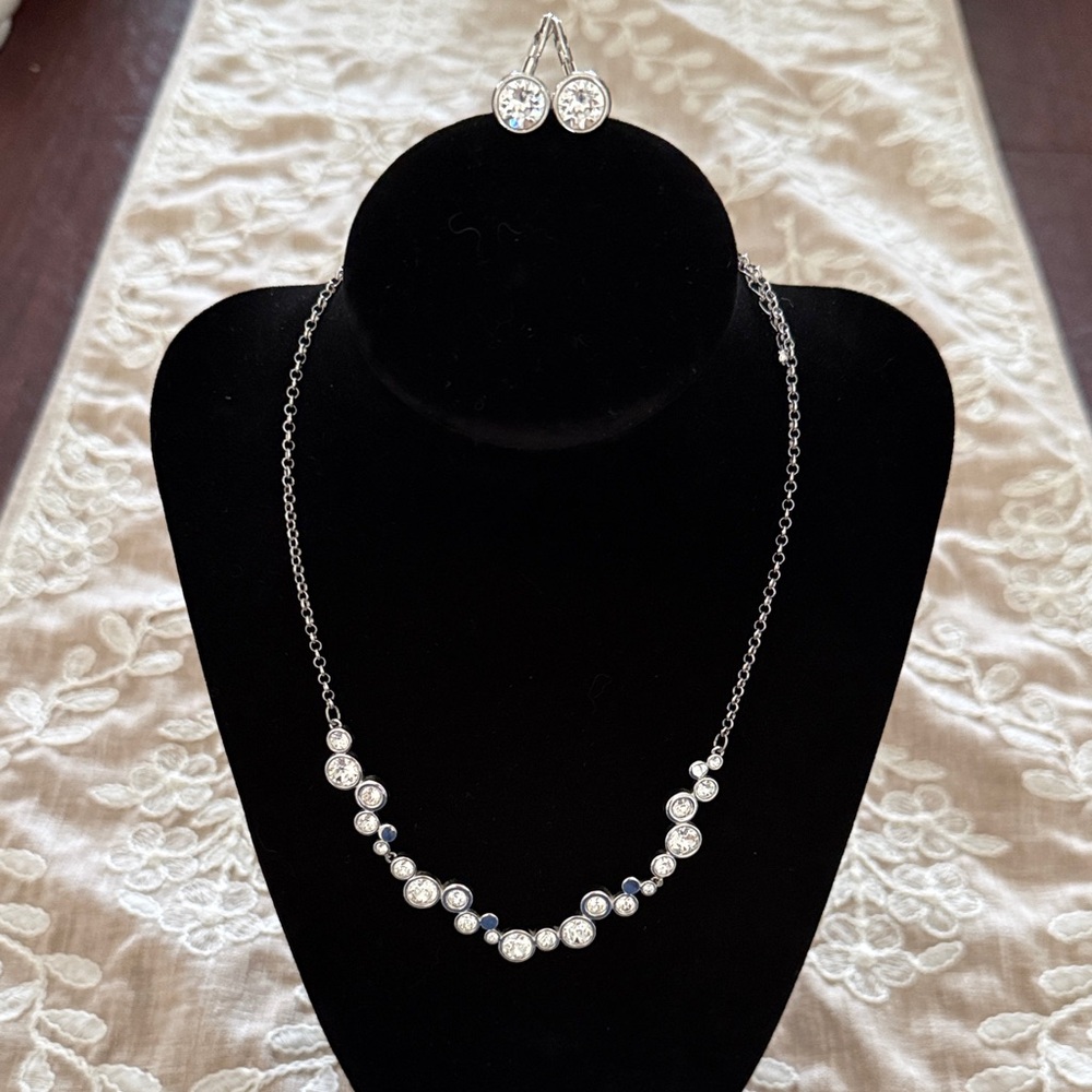 Touchstone Crystal Silver-Tone Necklace with Clear Crystal and Navy Accents
